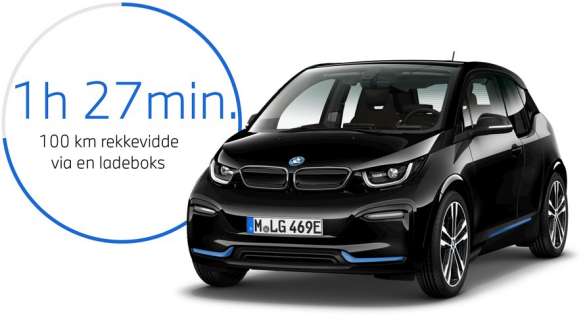 BMW i3s I01 Fluid sort med detaljer i BMW i blått sett skrått forfra BMW i3s I01 Fluid sort med detaljer i BMW i blått sett skrått forfra