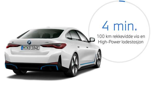 BMW i4 eDrive40 G26 2021 sett skrått bakfra med grafikk for ladetid BMW i4 eDrive40 G26 2021 sett skrått bakfra med grafikk for ladetid