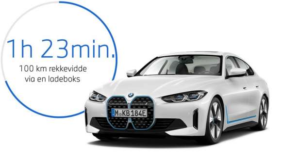 BMW i4 eDrive40 G26 2021 sett skrått forfra foran med grafikk for ladetid BMW i4 eDrive40 G26 2021 sett skrått forfra foran med grafikk for ladetid