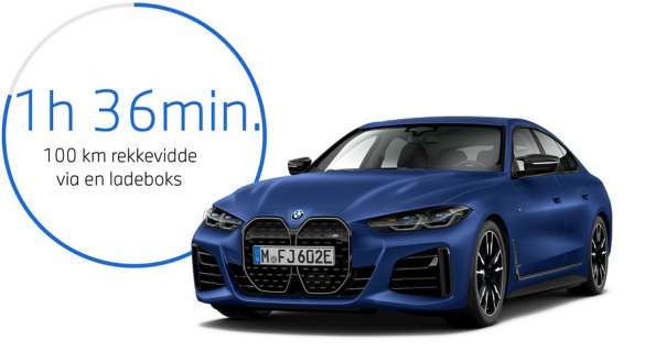Sett skrått forfra BMW i4 M50 eDrive40 G26 2021 BMW i4 M50 eDrive40 G26 2021 BMW Individual Frozen Portimaoblå metallic sett skrått forfra med grafisk visning av ladetid