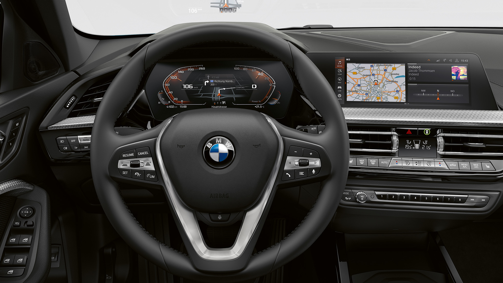 Sportsratt i skinn. BMW 1-serie Modell Luxury Line, førerplass med sport-lærratt.