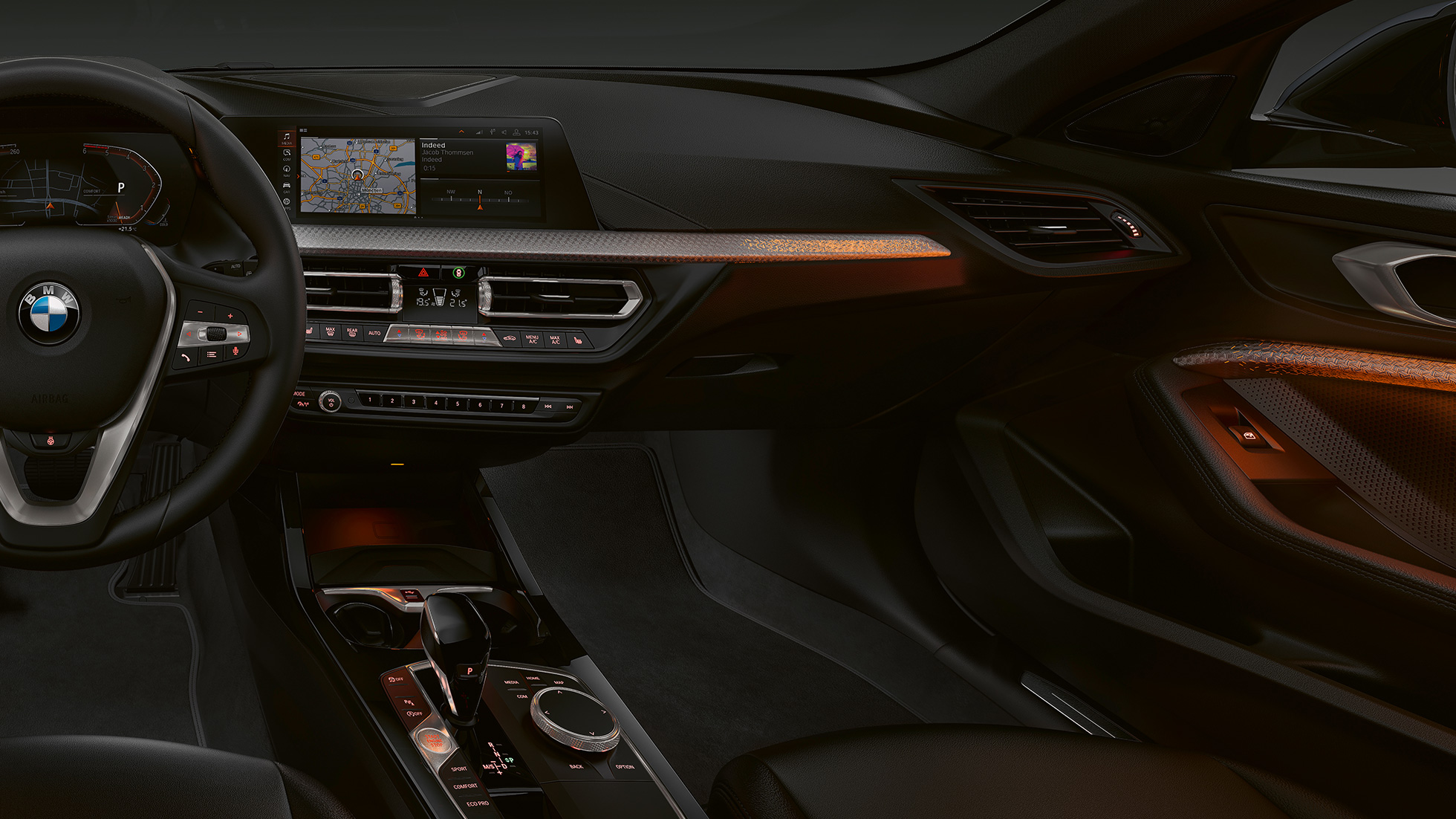 Interiørlister “Illuminated Nizza”. BMW 1-serie Modell Luxury Line, interiørlister “Illuminated Nizza”.