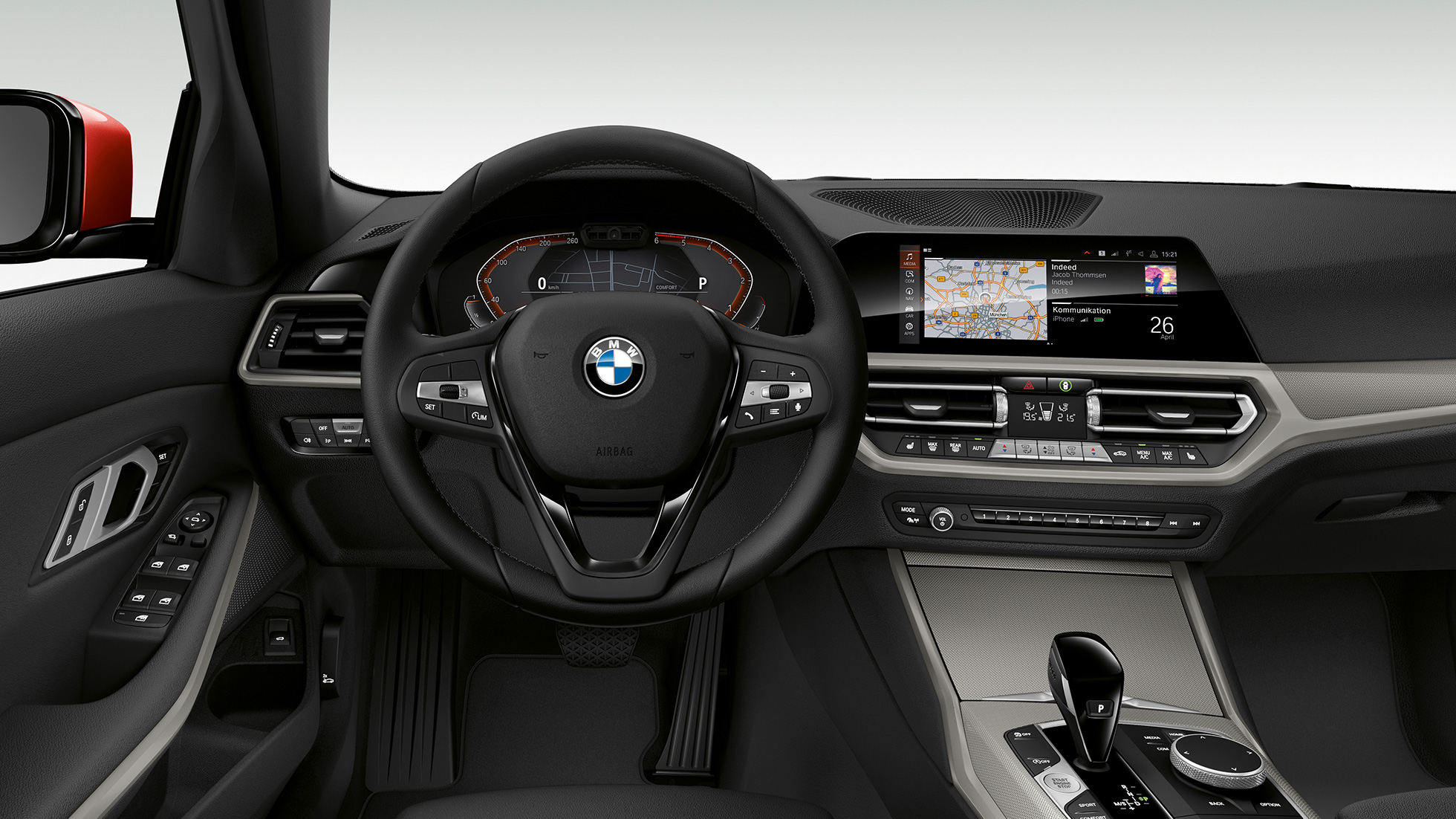 Førerplassen i BMW 3-serie Sedan som Modell Advantage. Nærbilde av førerplassen i BMW 3-serie Sedan med Modell Advantage utstyr.
