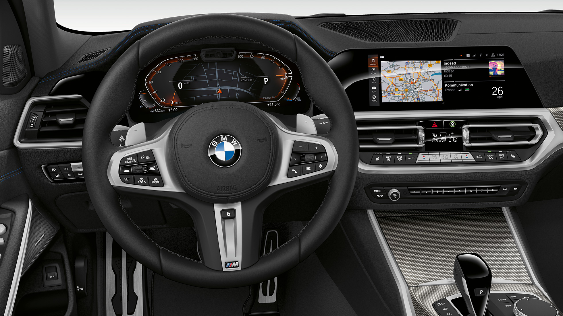 Førerplassen i BMW 3-serie Sedan som Modell Sport Line. Nærbilde av førerplassen i BMW 3-serie Sedan med Modell Sport Line utstyr.