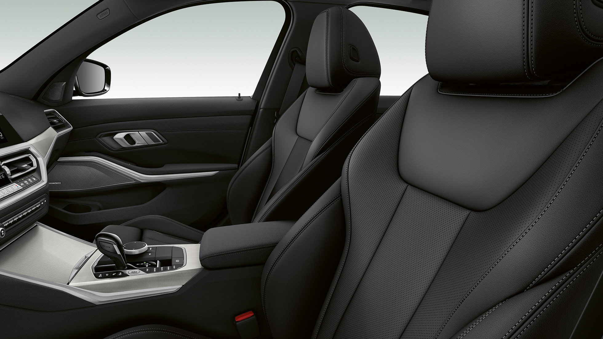Forseter i BMW 3-serie Sedan som Modell Sport Line. Nærbilde av forsetene i BMW 3-serie Sedan med Modell Sport Line utstyr sett fra siden.