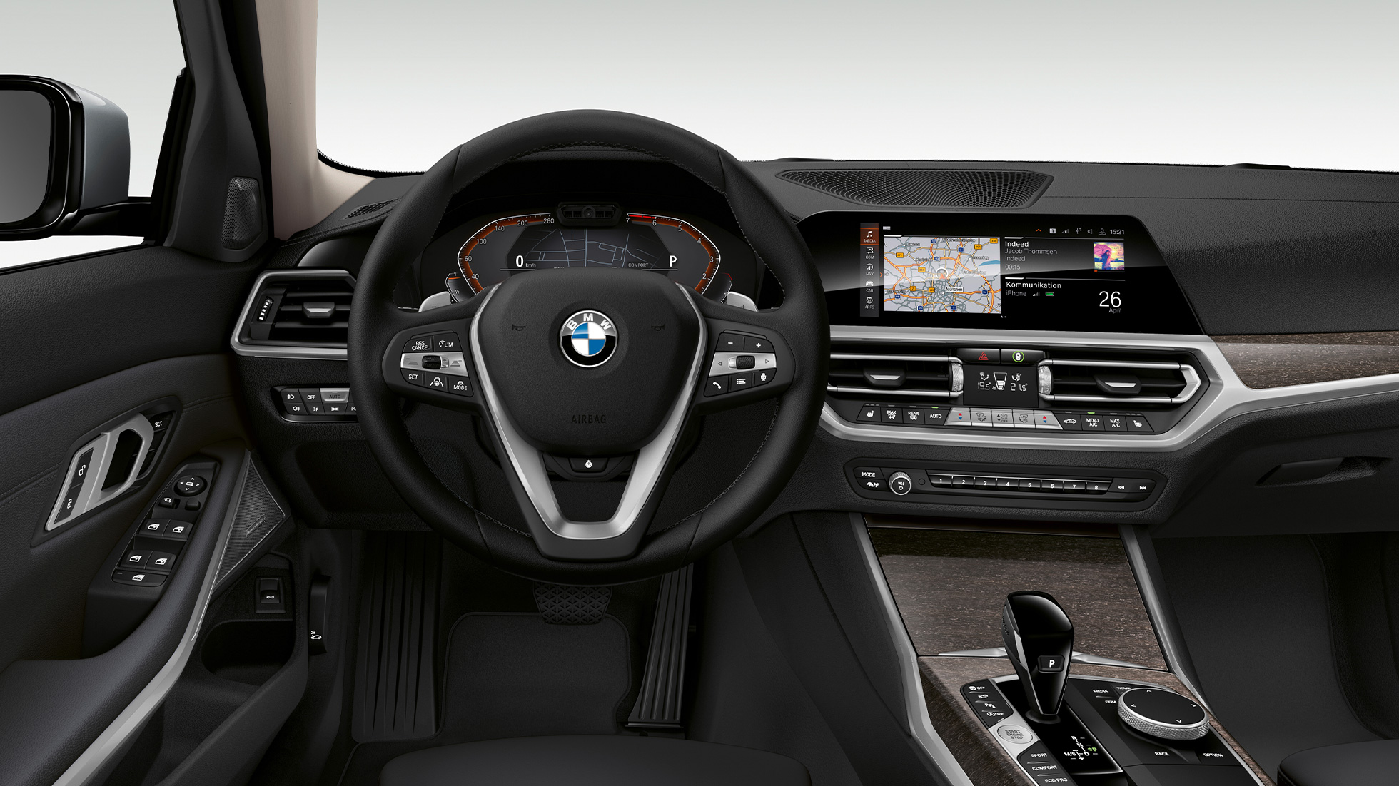Førerplassen i BMW 3-serie Sedan som Modell Luxury Line. Nærbilde av førerplassen i BMW 3-serie Sedan med Modell Luxury Line utstyr.