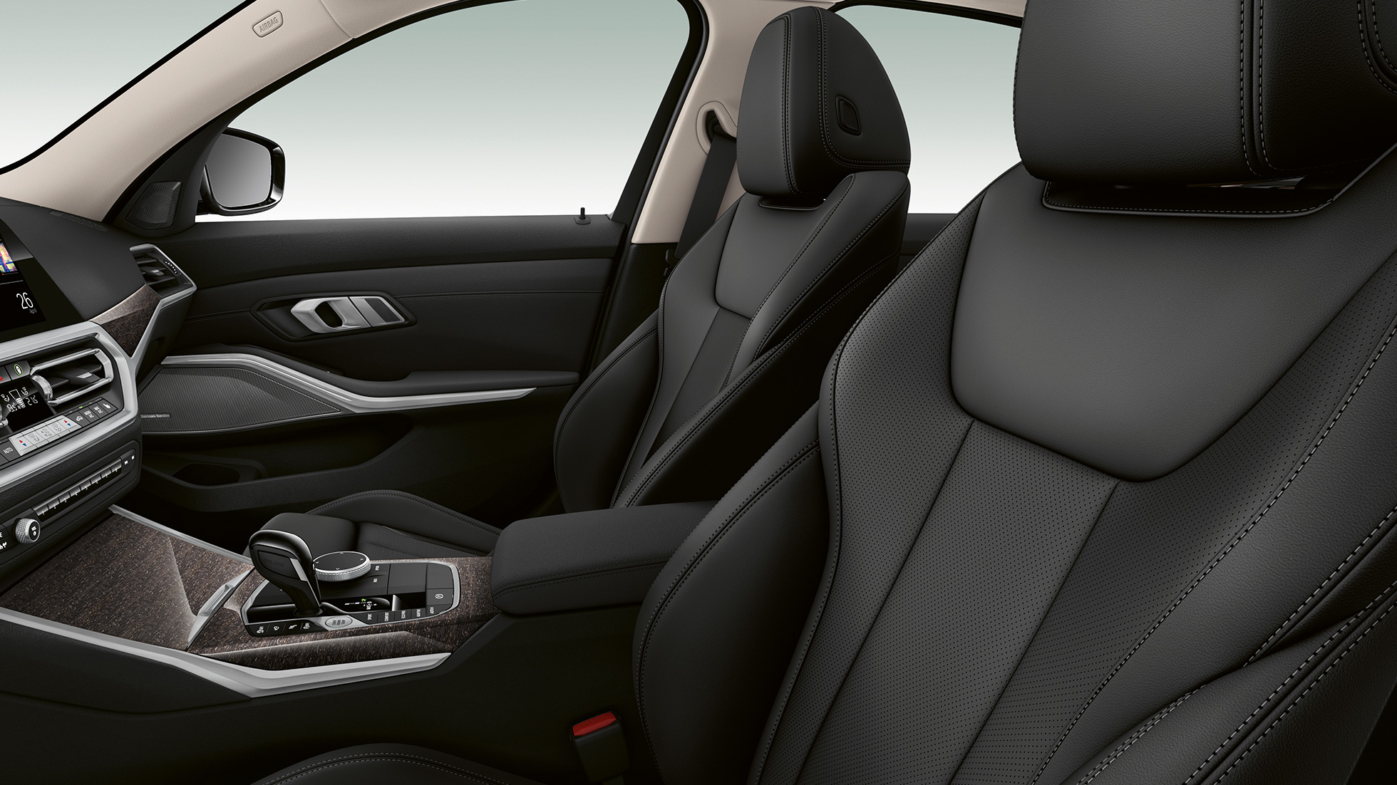 Forseter i BMW 3-serie Sedan som Modell Luxury Line. Nærbilde av forsetene i BMW 3-serie Sedan med Modell Luxury Line utstyr sett fra siden.