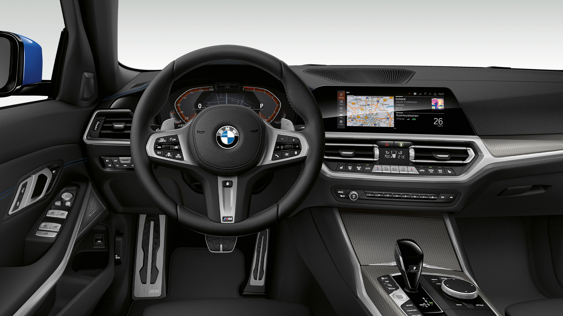 Førerplassen i BMW 3-serie Sedan som Modell M Sport. Nærbilde av førerplassen i BMW 3-serie Sedan med Modell M Sport utstyr.