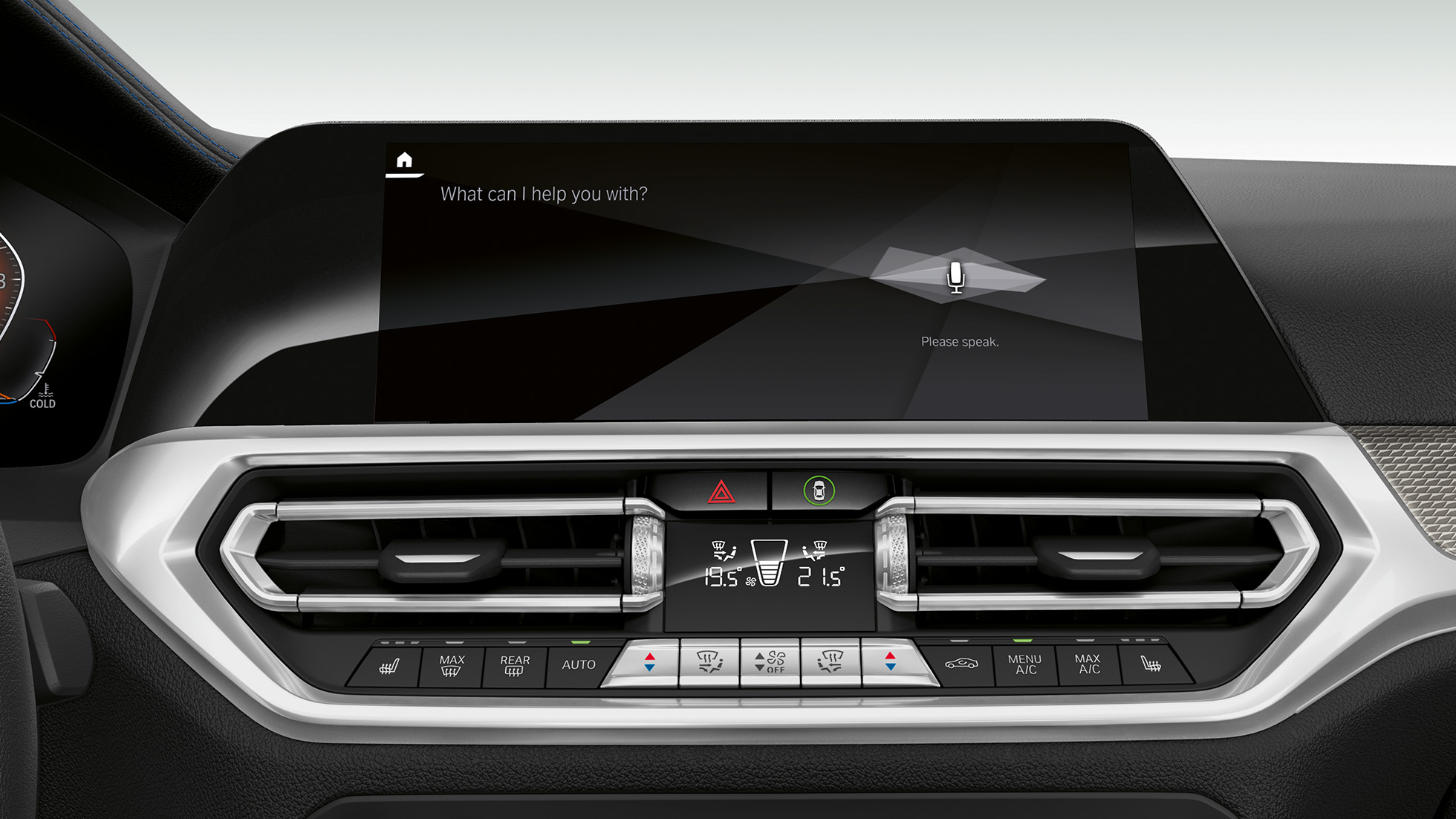 Intelligent personlig assistent i BMW 3-serie Sedan. Nærbilde av skjermene med intelligent personlig assistent på førerplassen i BMW 3-serie Sedan