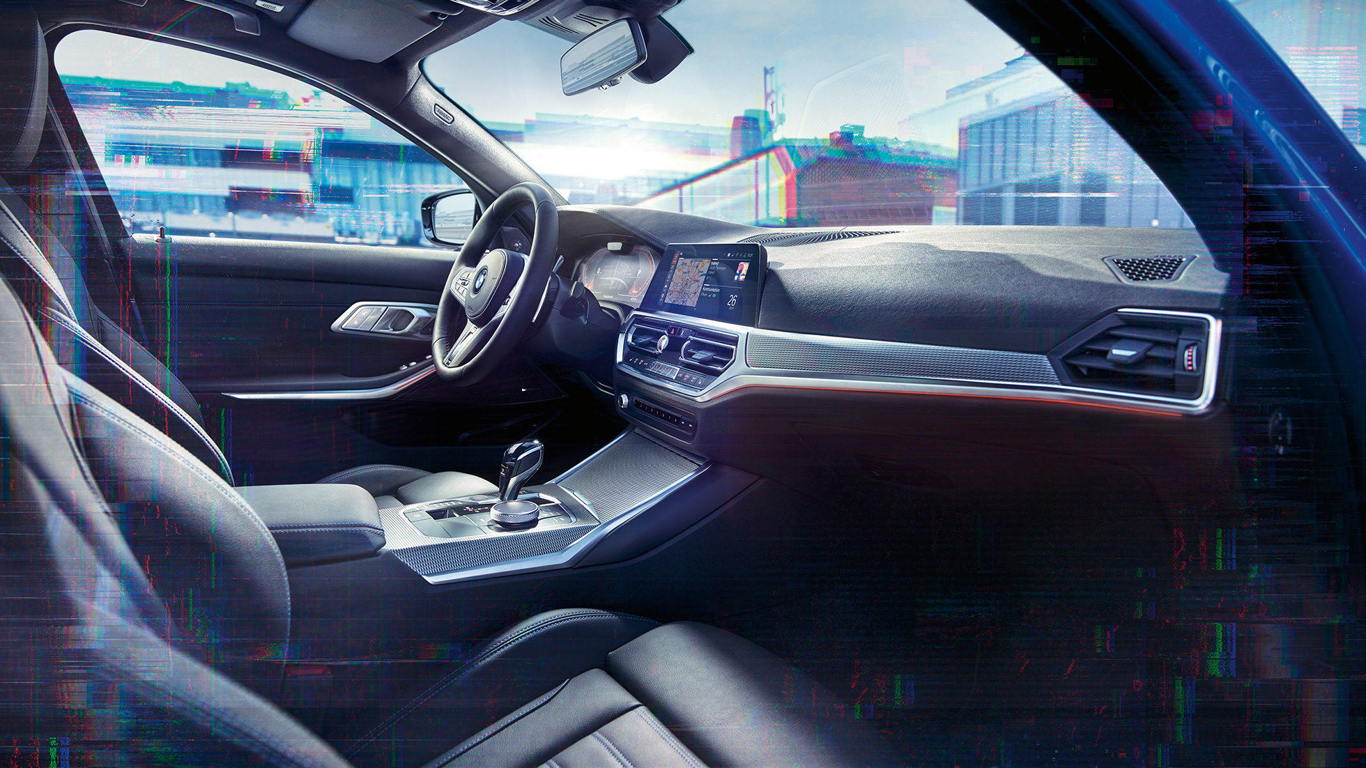 BMW 3-serie Sedan med BMW Live Cockpit Professional. Nærbilde av kupeen til BMW 3-serie Sedan med BMW Live Cockpit Professional.