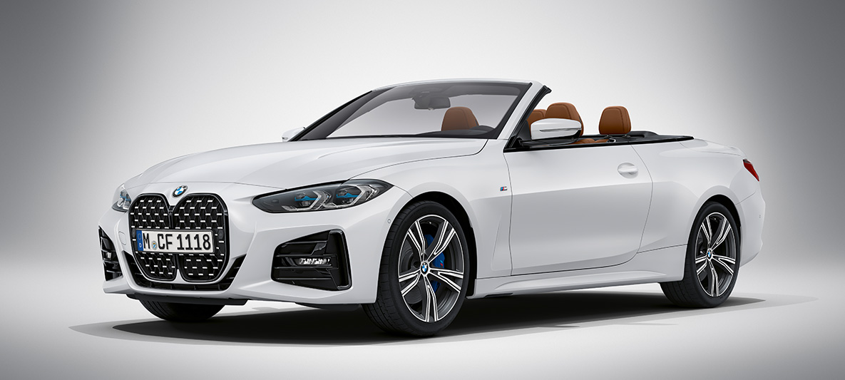 BMW Individual Brillianthvit metallic BMW 4-serie Cabriolet G23 2020 BMW 4-serie Cabriolet Individual Brillianthvit metallic G23 2020 Sett skrått forfra stående