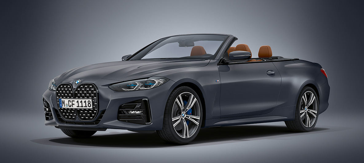 BMW Individual frostet Dypgrå metallic BMW 4-serie Cabriolet G23 2020 BMW 4-serie Cabriolet Individual frostet Dypgrå metallic G23 2020 Sett skrått forfra stående