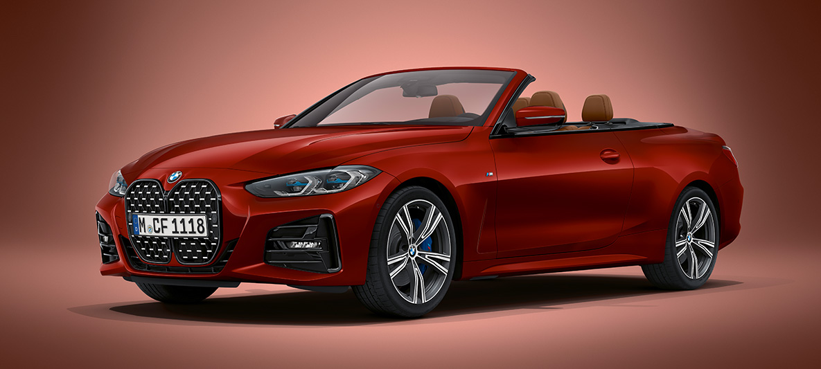 BMW Individual Aventurinrød metallic BMW 4-serie Cabriolet G23 2020 BMW 4-serie Cabriolet G23 2020 BMW Individual Aventurinrød metallic Sett skrått forfra stående