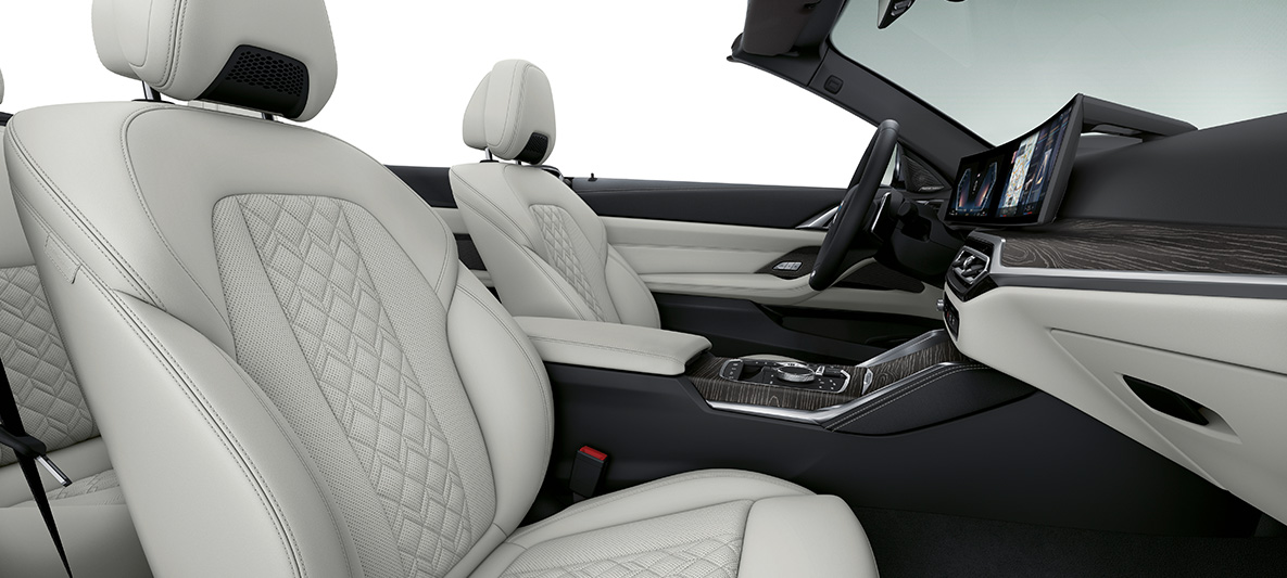 BMW Individual helskinninteriør Elfenbenshvit BMW 4-serie Cabriolet Individual G23 2020 interiør BMW Individual helskinninteriør 'Merino' Elfenbenshvit BMW 4-serie Cabriolet Individual G23 2020 interiør