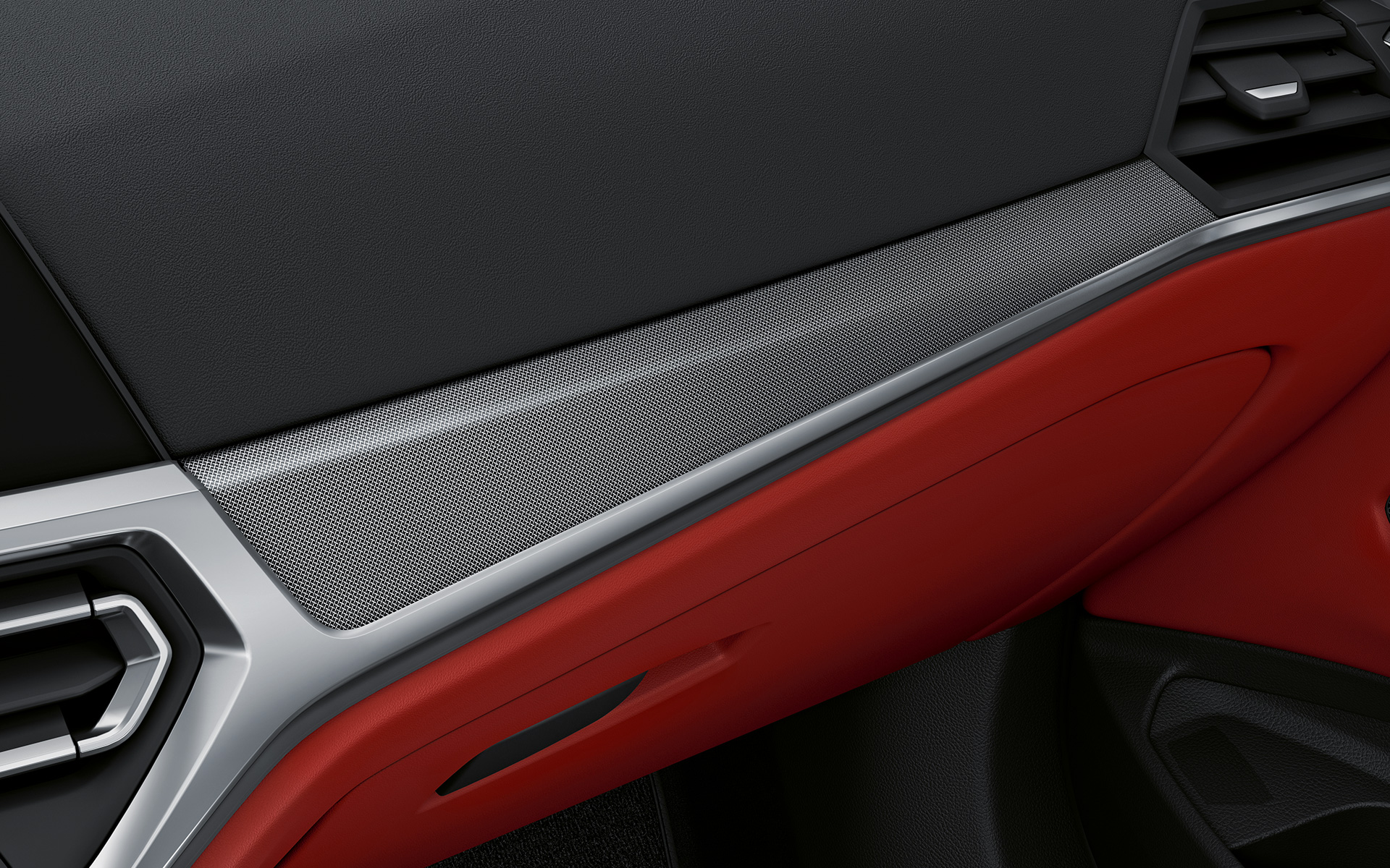 Interiørlister i tetragonmønstret aluminium BMW 4-serie Coupé 2020 G22 Individual Innvendig kupé Interiørlister i tetragonmønstret aluminium med konturlister i krom med perleglansfinish BMW 4-serie Coupé Individual G22 2020 Innvendig kupé