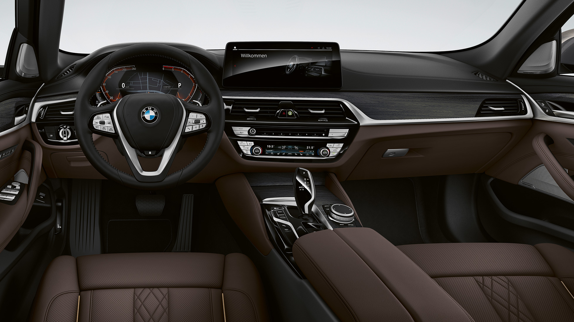 Førerplass BMW 5-serie Sedan G30 Luxury Line Førerplass BMW 5-serie Sedan 520d xDrive G30 2020 Luxury Line eksklusivt nappaskinn i mokka med kantbånd i kontrastfarge interiør