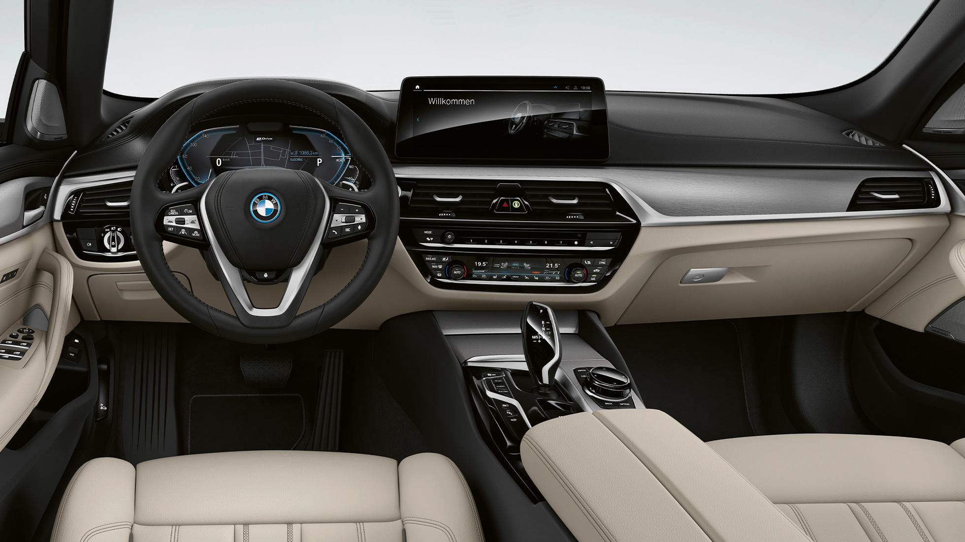 Førerplass BMW 5-serie Touring G31 standardmodell Førerplass BMW 5-serie Touring 530i G31 2020 standardmodell elfenbenshvitt dakotaskinn med eksklusiv dekorsøm med kantbånd i kontrastfarge interiør