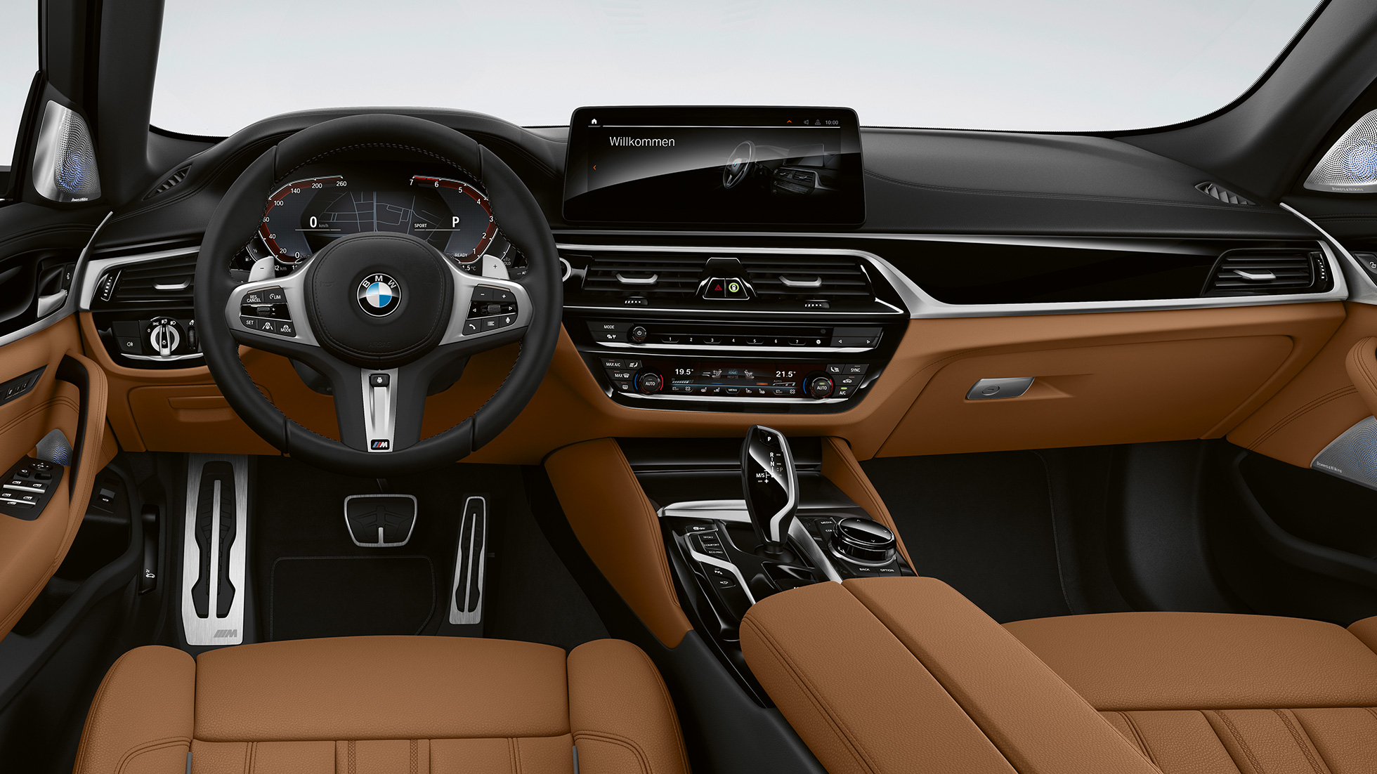 Førerplass BMW 5-serie Touring G31 M Sportspakke Førerplass BMW 5-serie Touring 530e G31 2020 M Sportspakke konjakkfarget dakotaskinn med eksklusiv dekorsøm med kantbånd i kontrastfarge interiør