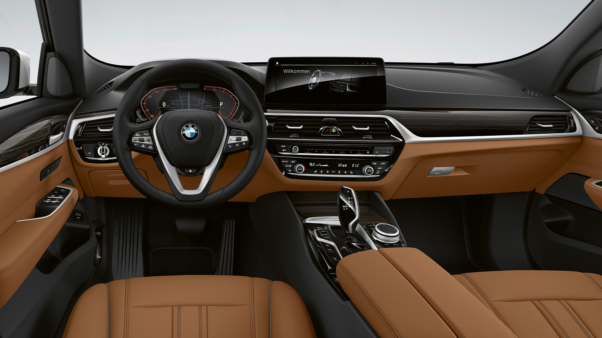 Førerplass BMW 6-serie Gran Turismo standardversjon G32 2020 BMW 6-serie Gran Turismo G32 620d 2020 standardversjon kinn “Dakota” konjakk/sort interiør