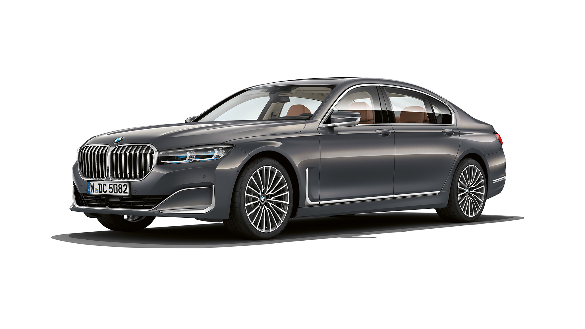 BMW 7-serie Sedan med Pure Excellence utvendig design sett skrått forfra Grå BMW 7-serie Sedan med Pure Excellence utvendig design sett skrått forfra