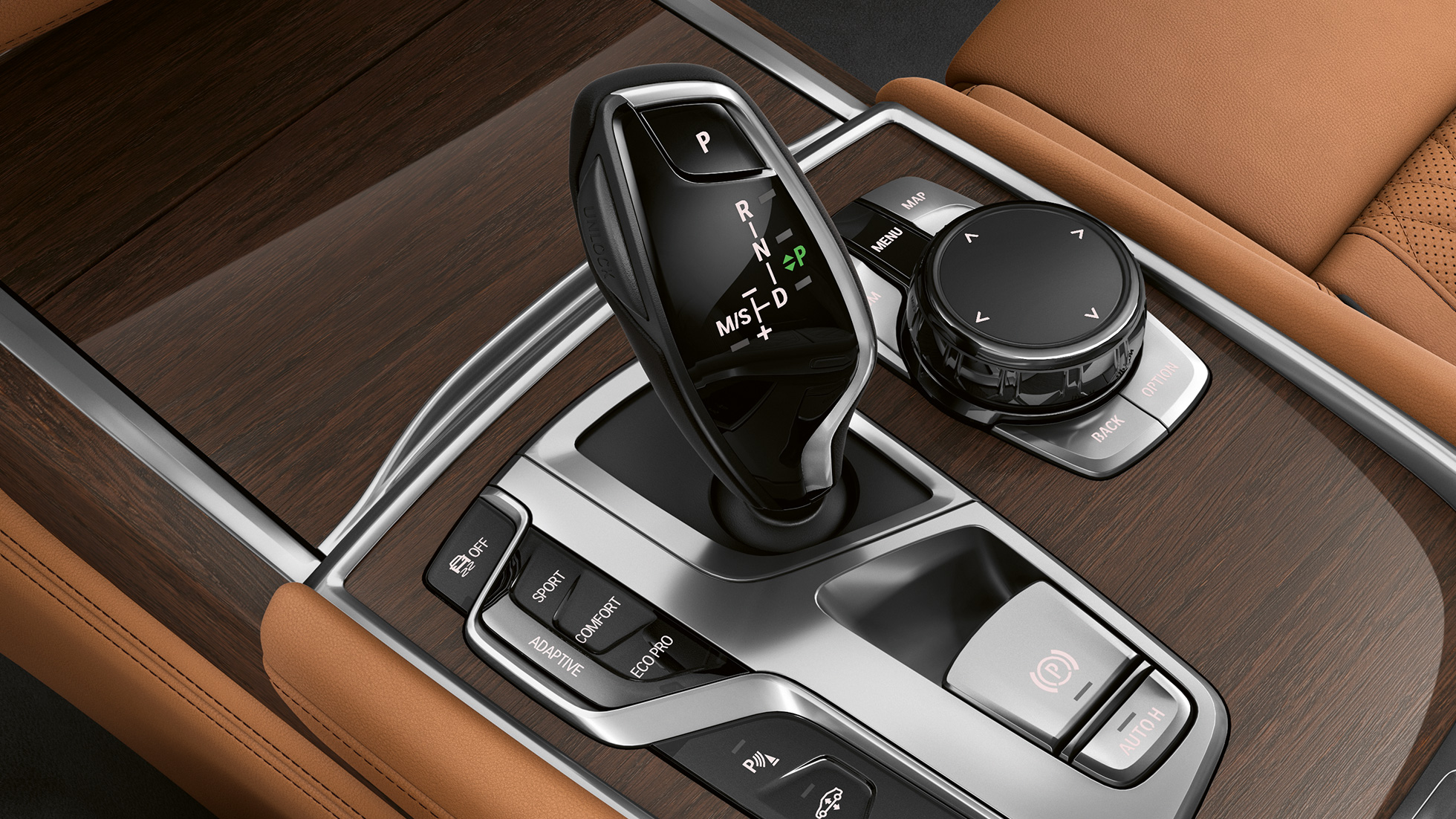 Velgerspak i BMW 7-serie Sedan med Pure Excellence utvendig design BMW 7-serie Sedan med Pure Excellence utvendig design: Nærbilde av velgerspaken