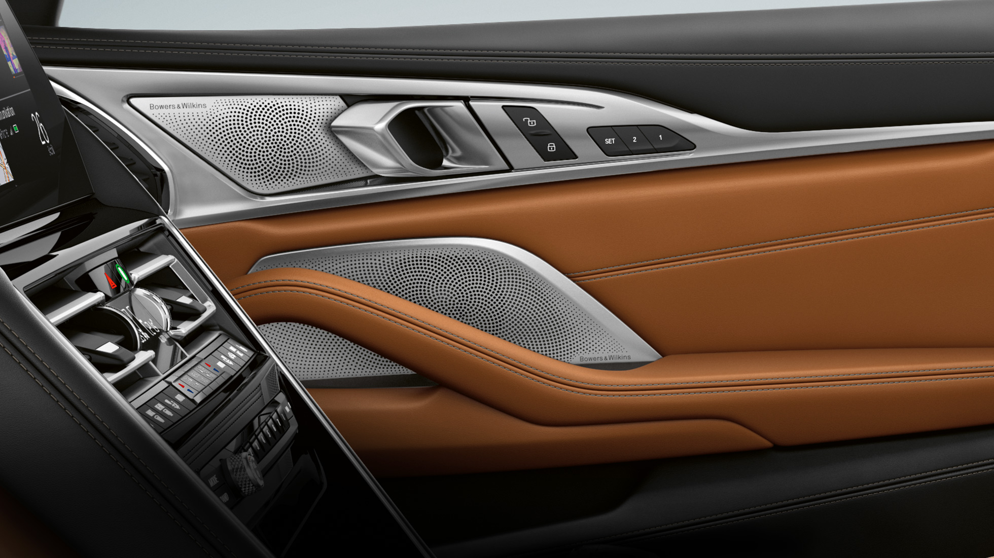 Innvendig design med Bowers & Wilkins Diamond surroundlydsystem i BMW M850i xDrive. Innvendig design med Bowers & Wilkins Diamond surroundlydsystem i BMW M850i xDrive.