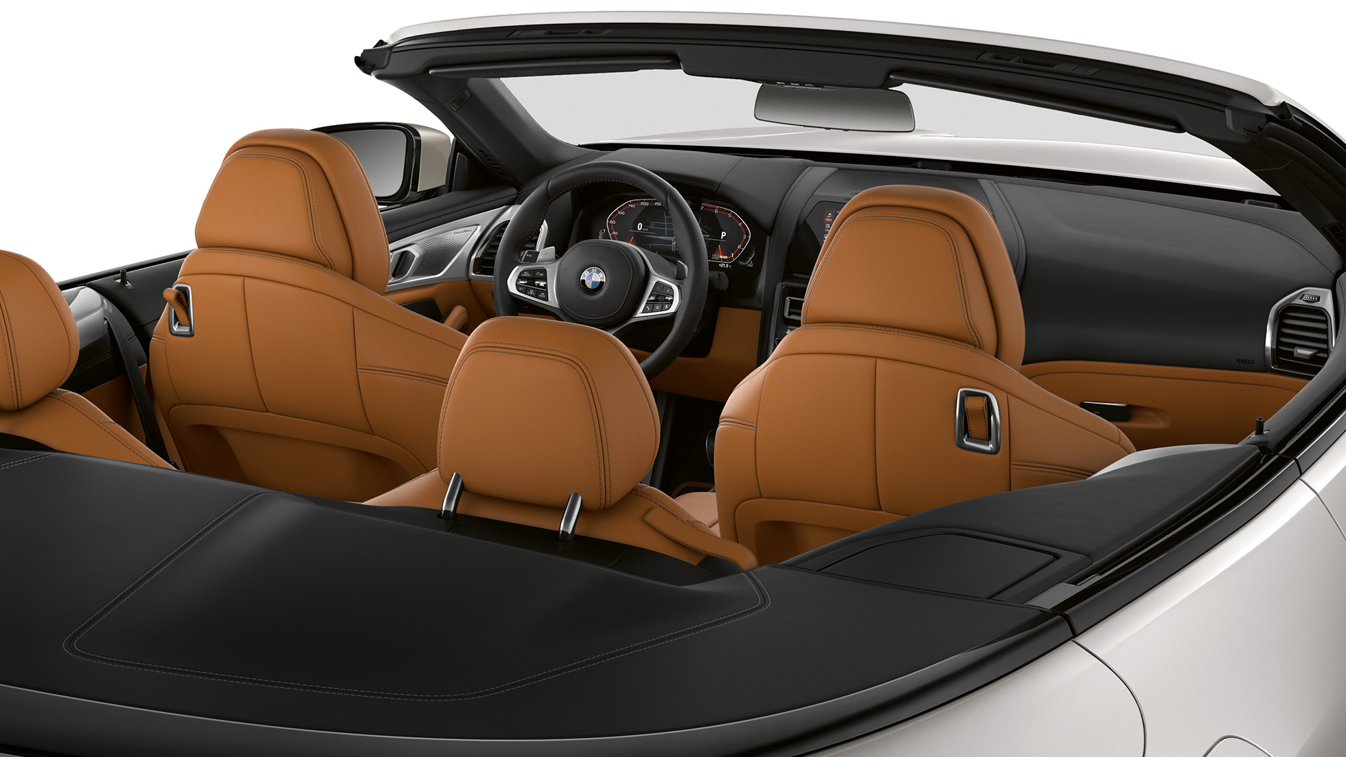 Innvendig design i BMW M850i xDrive med åpen kalesje. Innvendig design i BMW M850i xDrive med åpen kalesje.