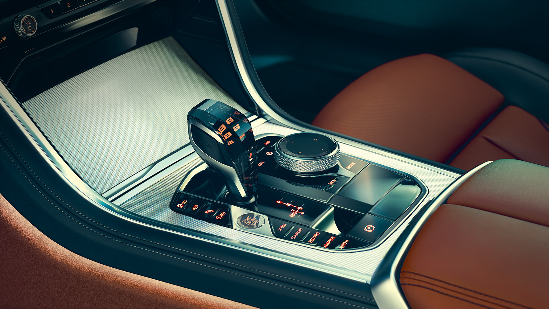 Midtkonsollen i BMW 8-serie Coupé Nærbilde av kupeen til BMW 8-serie Coupé med midtkonsollen i fokus.