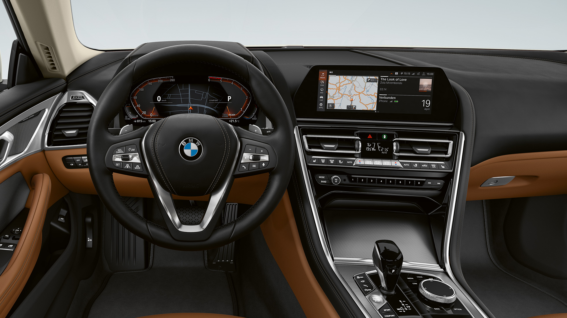 Interiørlister i mørk aluminium med “nettingeffekt”. BMW 8-serie Coupé, førerplass, interiørlister i mørk aluminium med “nettingeffekt”.