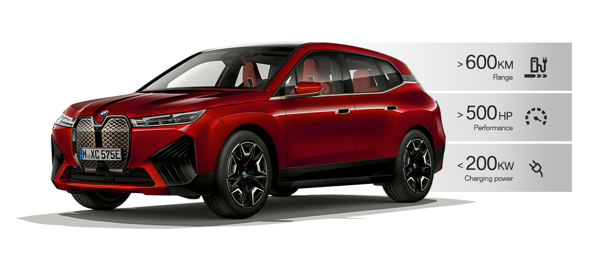 BMW iX sett skrått forfra BMW iX kashmirsølv i20 sett skrått forfra
