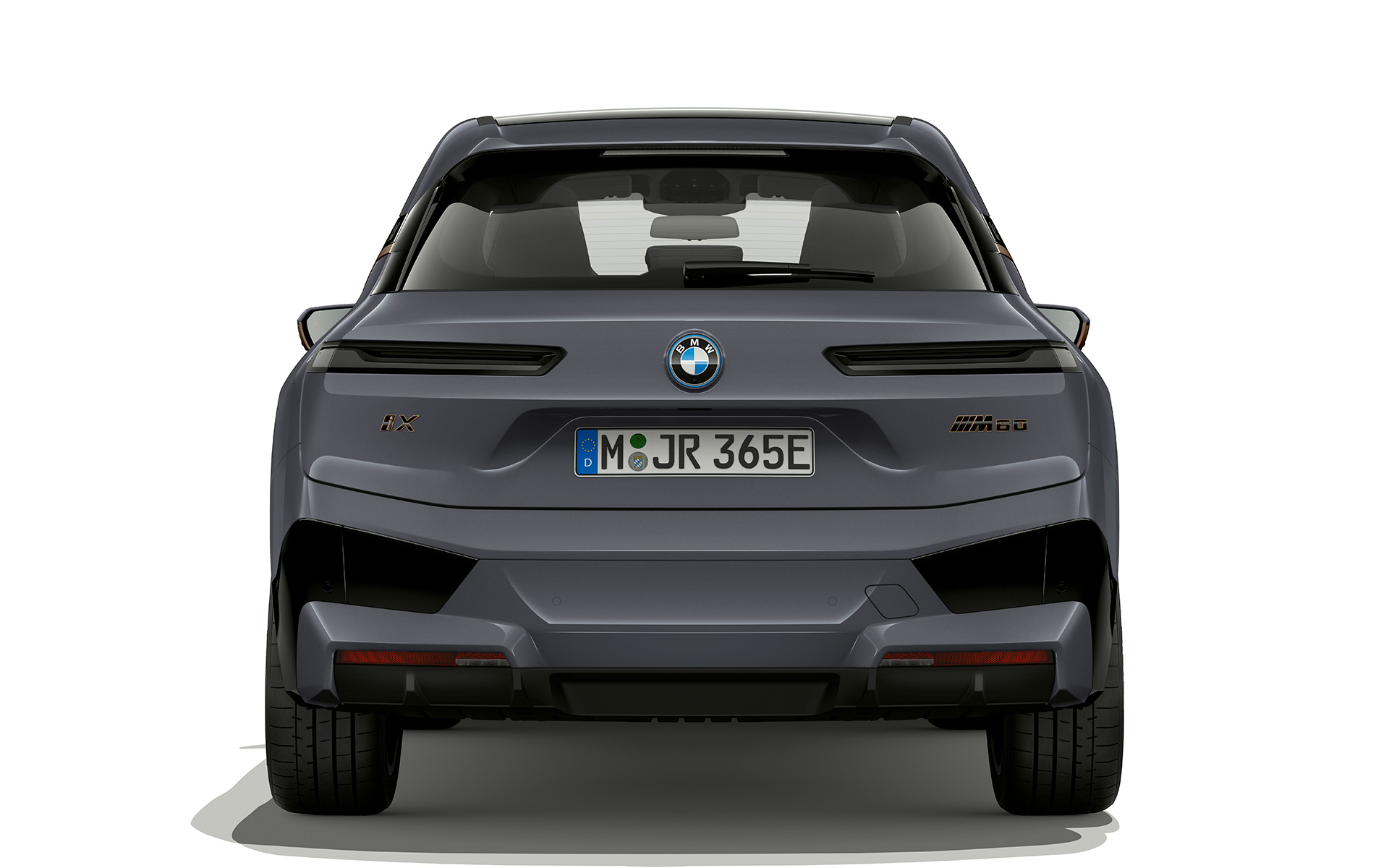 BMW iX M60 i20 2022 elektrisk SUV elbil Oksidgrå metallic sett bakfra M lys Shadow Line