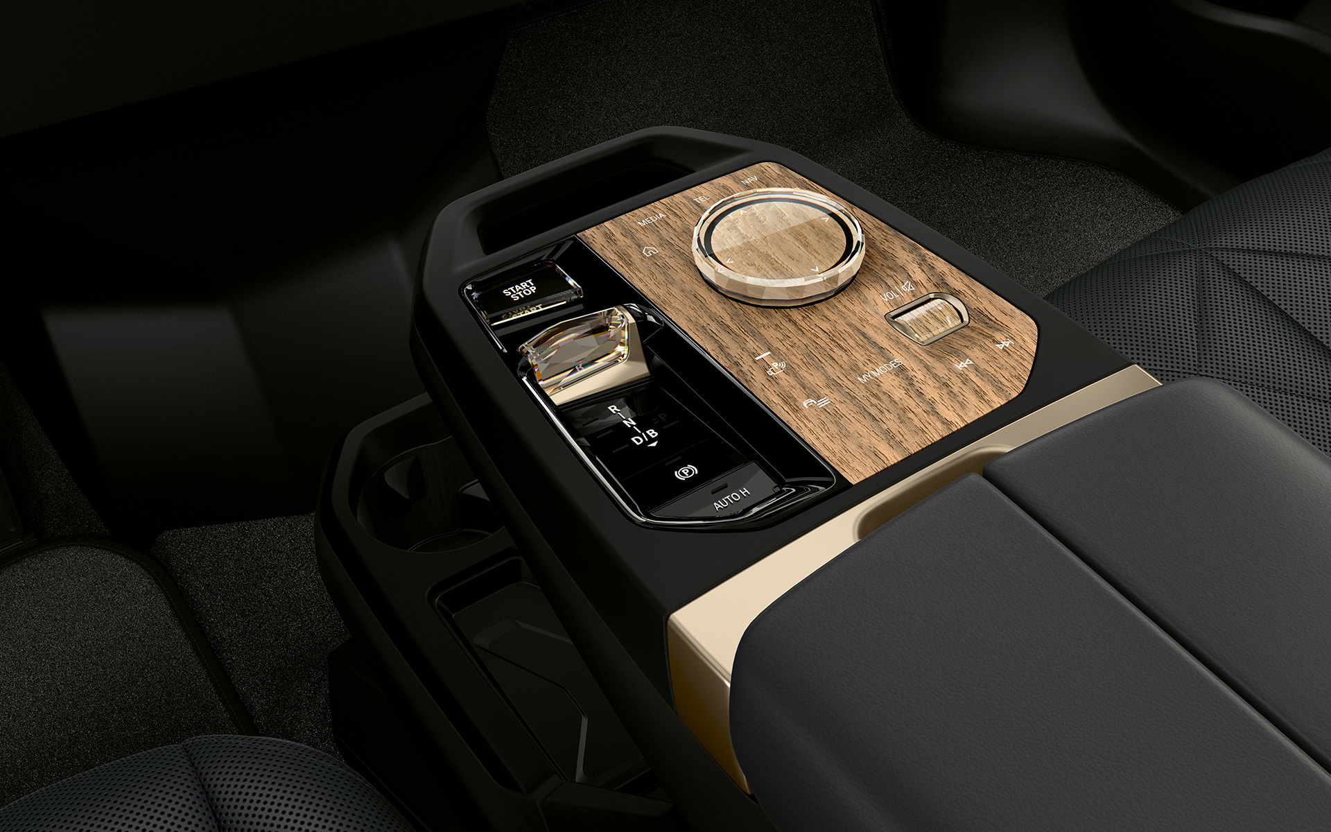 BMW iX M60 i20 2022 elektrisk SUV midtkonsoll med Start/stopp-knapp og BMW Controller kupé