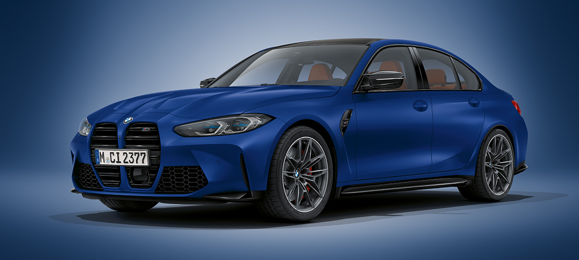 BMW Individual frostet mørk grå metallic BMW M3 Sedan G80 2020 BMW M3 Sedan BMW Individual frostet mørk grå metallic G80 2020 Sett skrått forfra stående