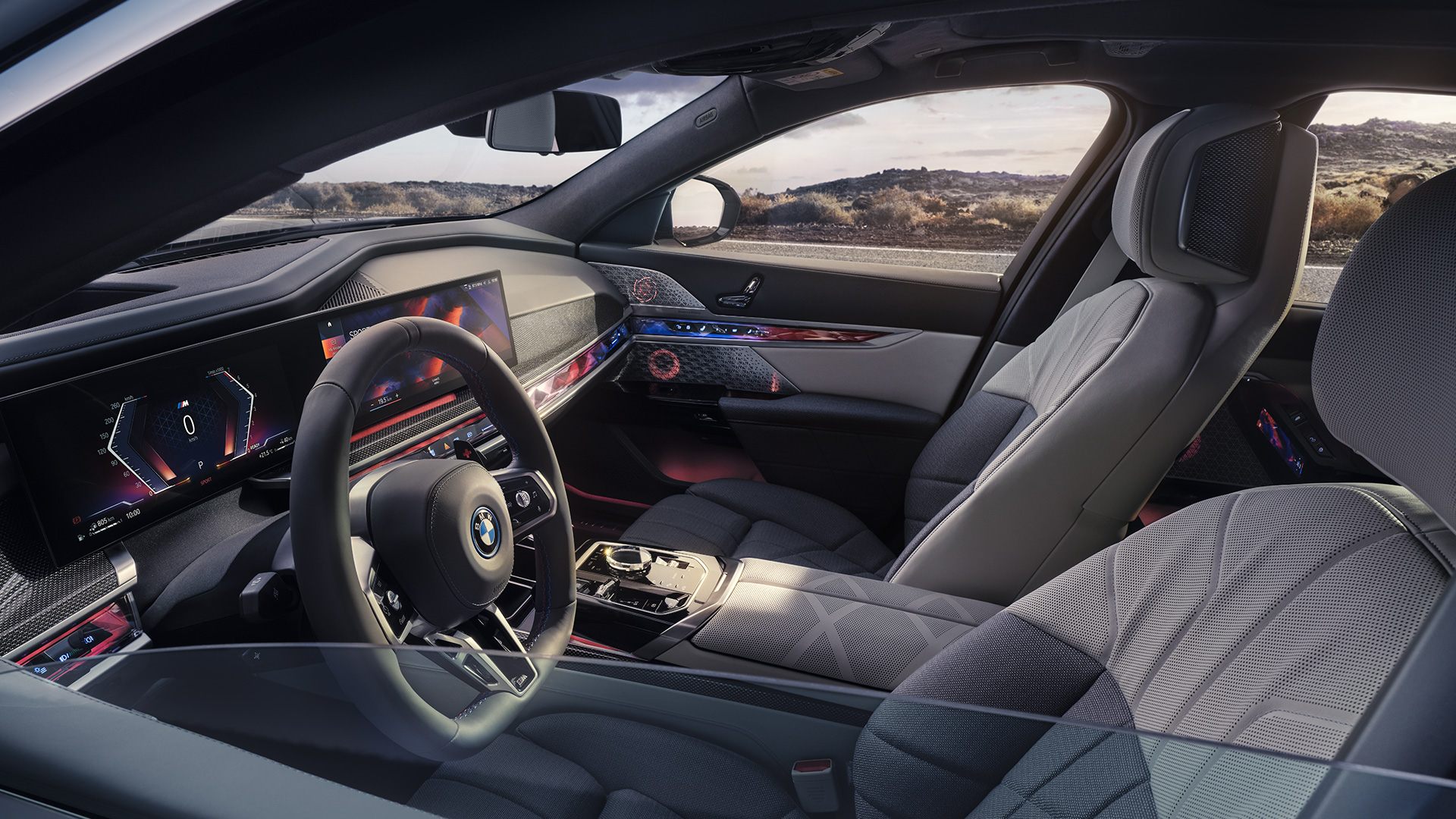 My Mode Sport BMW M760e xDrive Sedan G70 My Mode Sport BMW M760e xDrive Sedan G70 sett fra utsiden og inn gjennom halvt nedrullede vindusruter