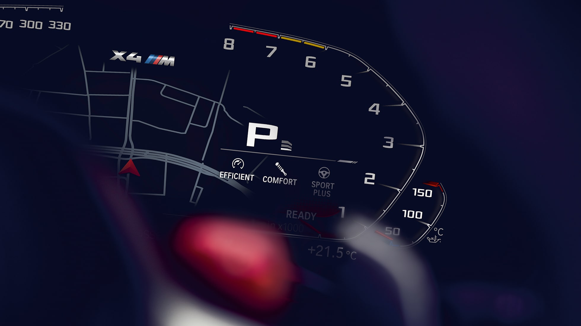 BMW X4 M Competition, turteller. Kupeen til BMW X4 M Competition med kombiinstrument med turteller.