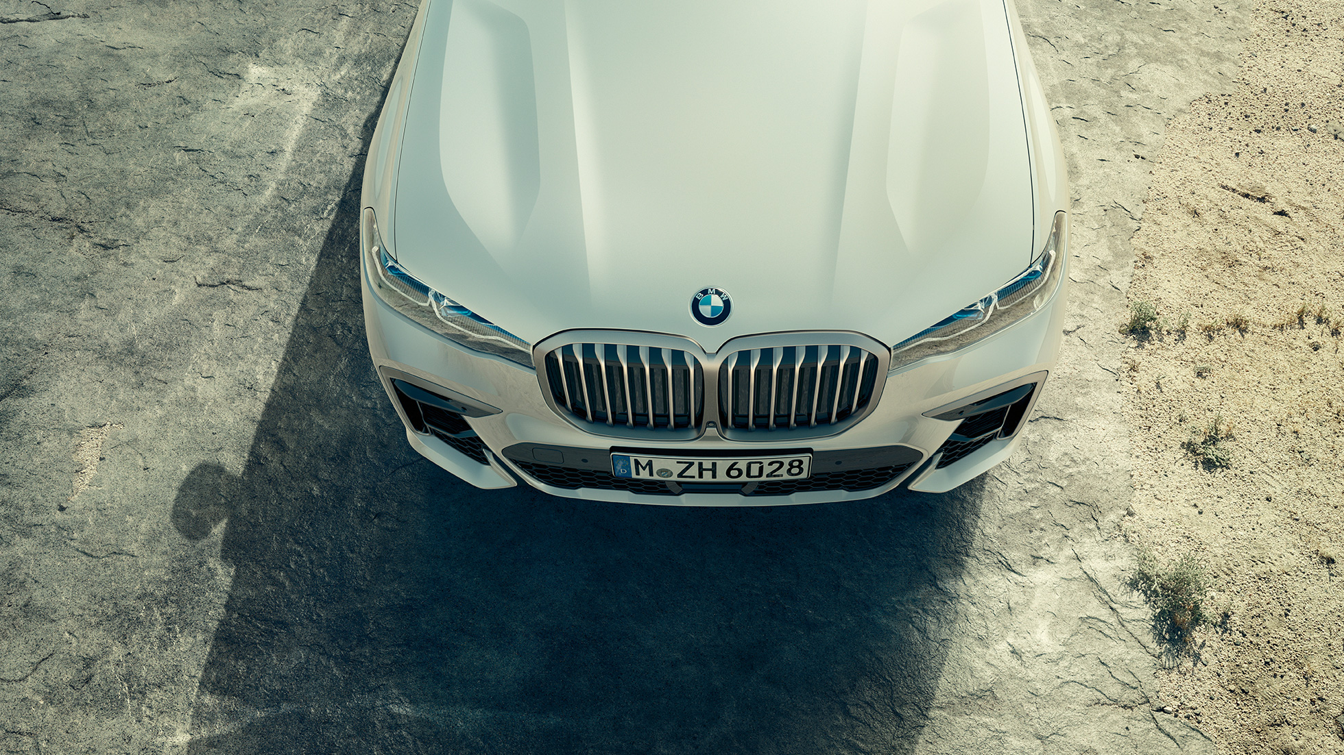 BMW X7 M-modell, front mit BMW-grill BMW X7 M-modellene M50d og M50i, front og panser sett ovenfra, G07, 2019