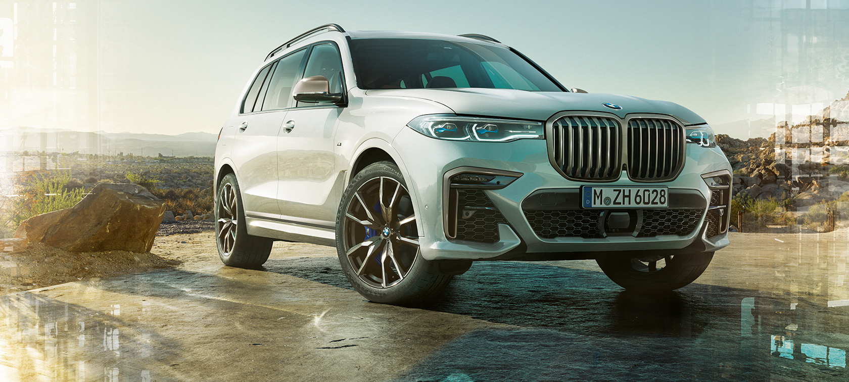 BMW X7 M-modell G07 2019 sett skrått forfra BMW X7 M-modell G07 2019 Mineralhvit sett skrått forfra stående