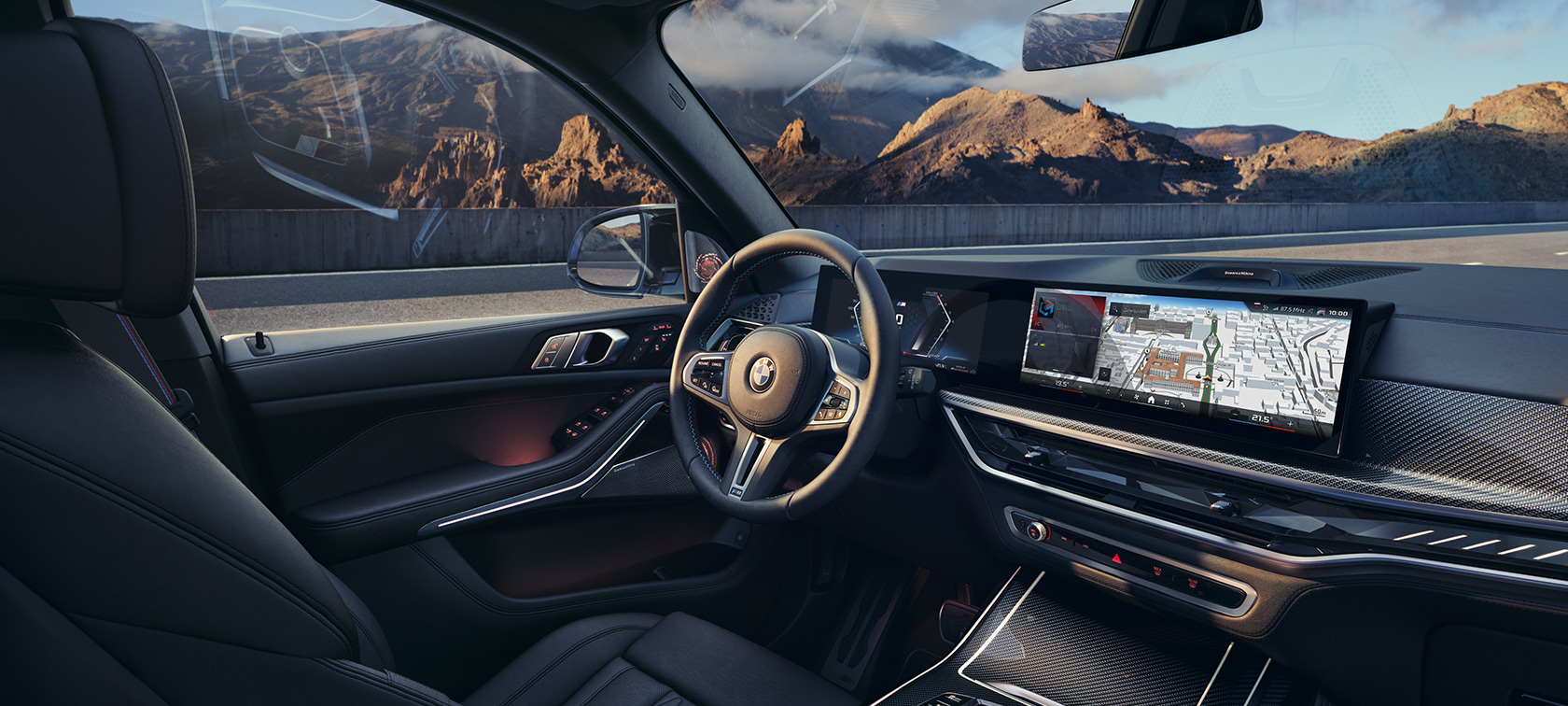 BMW X7 M60i G07 LCI Cockpit interiør BMW X7 M60i G07 LCI Cockpit interiør foran fjellandskap