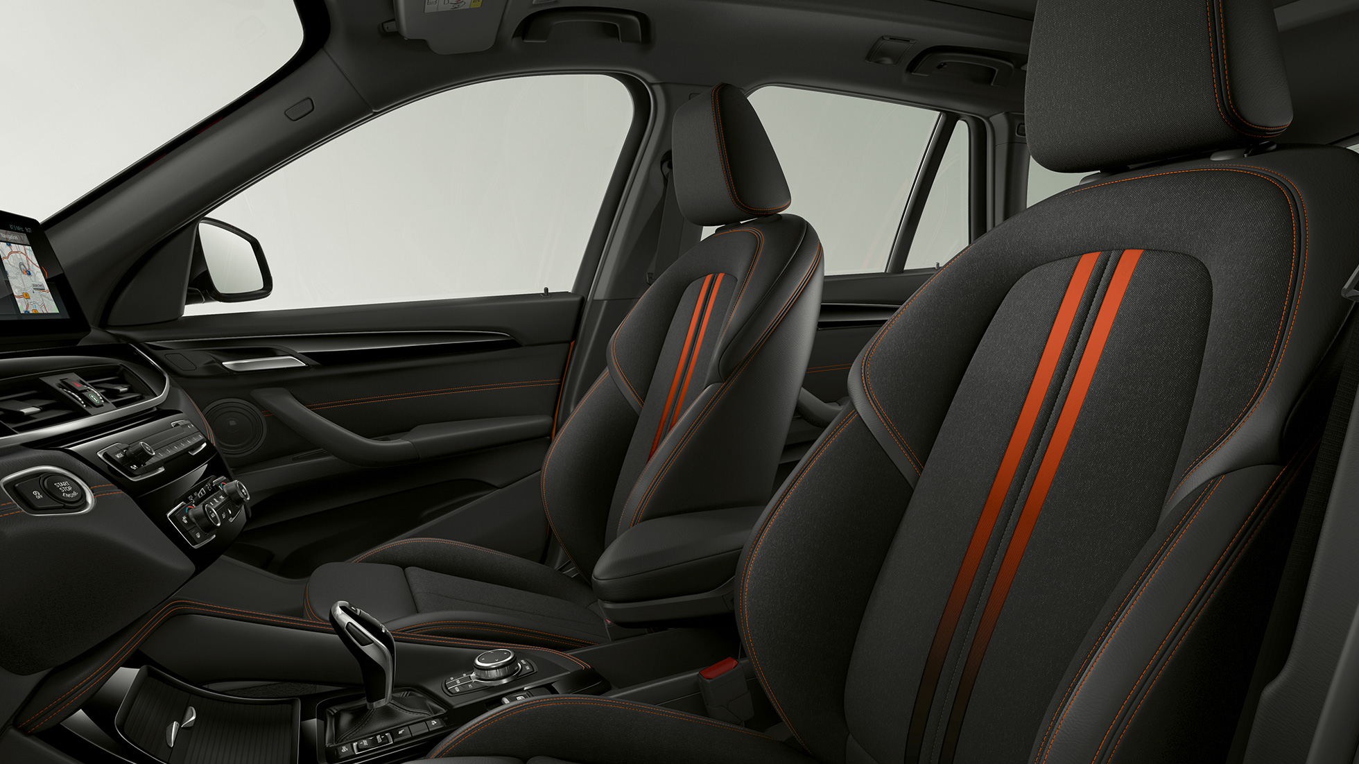 BMW X1, Modell Sport Line, setetrekk BMW X1, Modell Sport Line, interiør med fokus på setetrekk