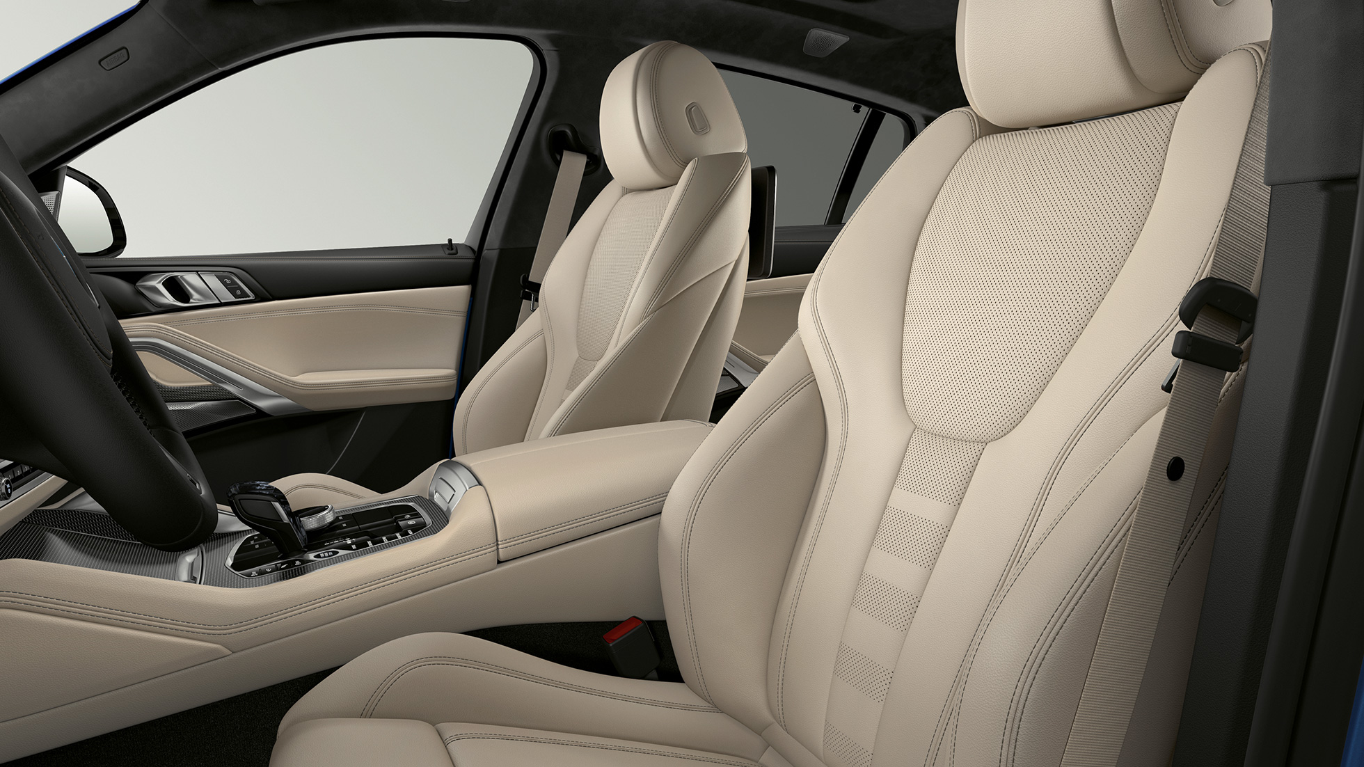 BMW X6 med M sportspakke, setetrekk. BMW X6 interiør med M sportspakke med fokus på setetrekk