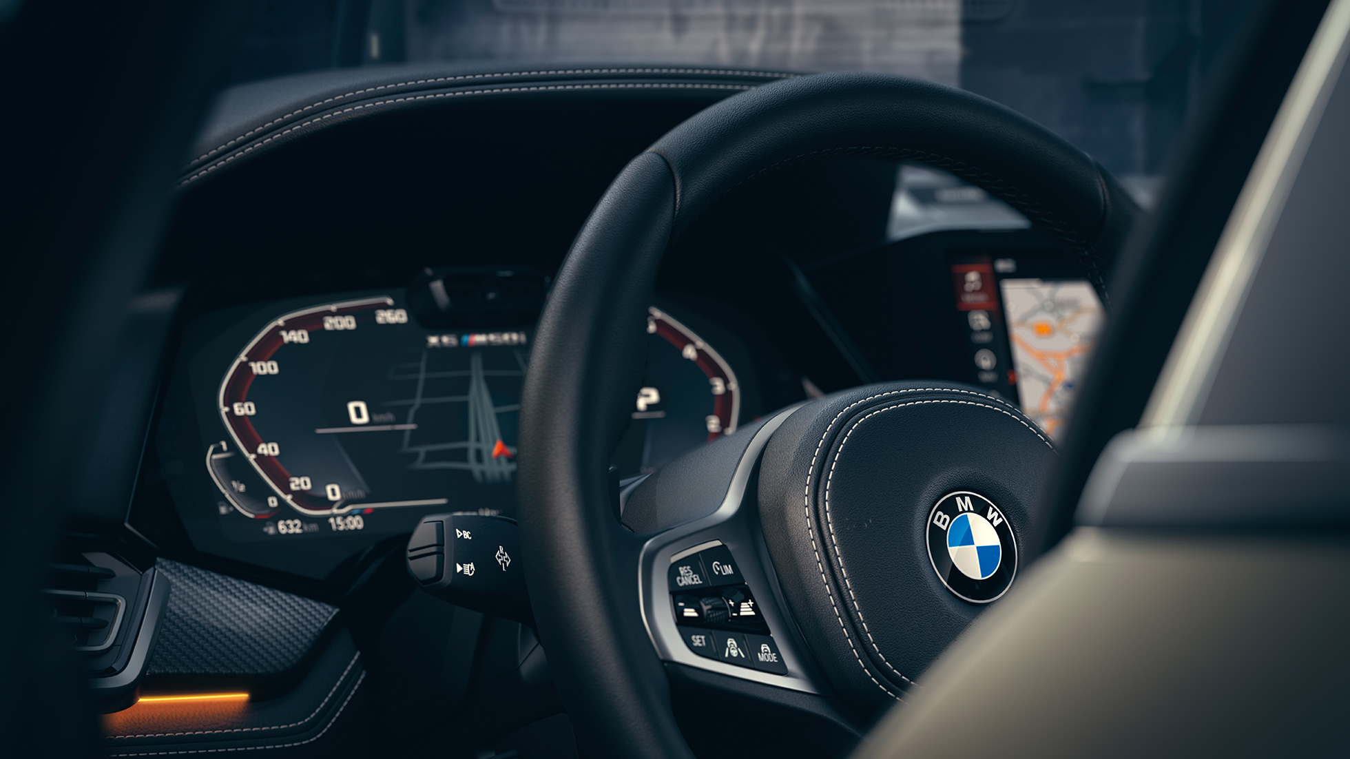 BMW assistentsystemer. Nærbilde av BMW-interiøret med fokus på kombiinstrumentet.