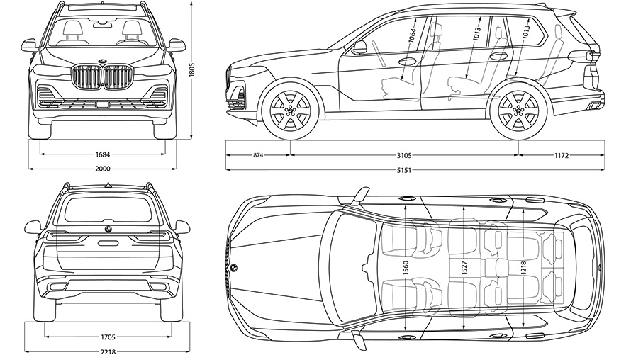 Strektegning BMW X7 dimensjoner Strektegning BMW X7 dimensjoner