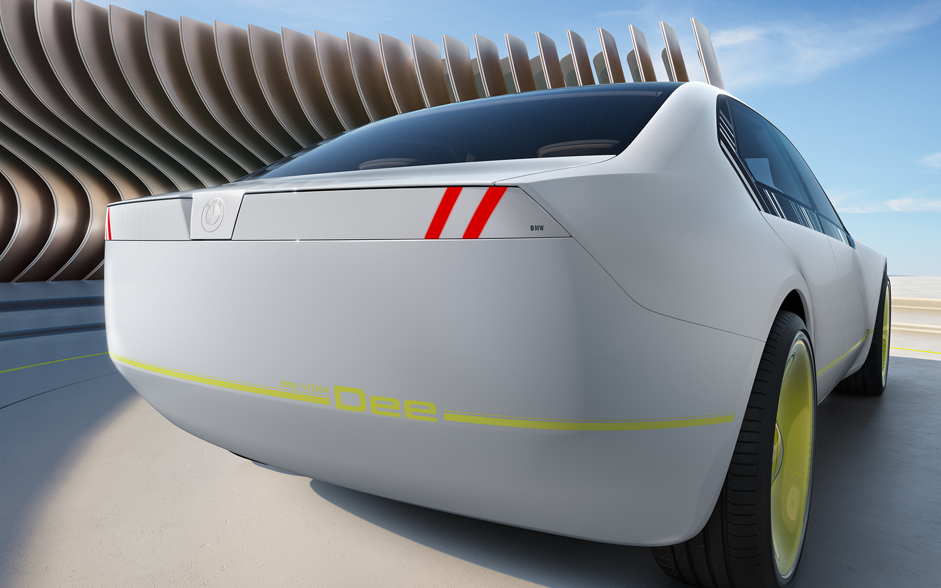 BMW i Vision Dee utvendig design sett bakfra BMW i Vision Dee visjonsbil utvendig design sett bakfra fullstendig