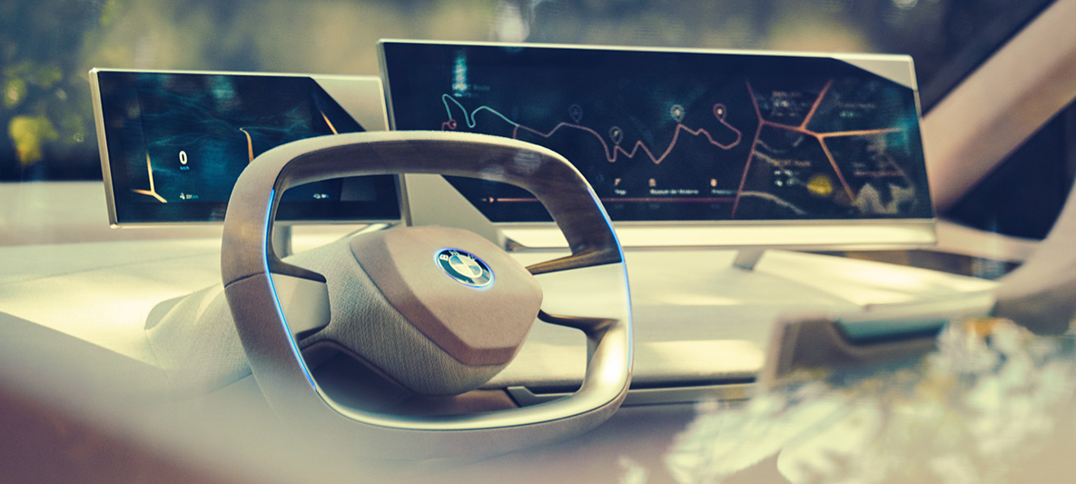 Kupeen i BMW Vision iNEXT Kupeen i BMW Vision iNEXT med ratt og instrumentpanel