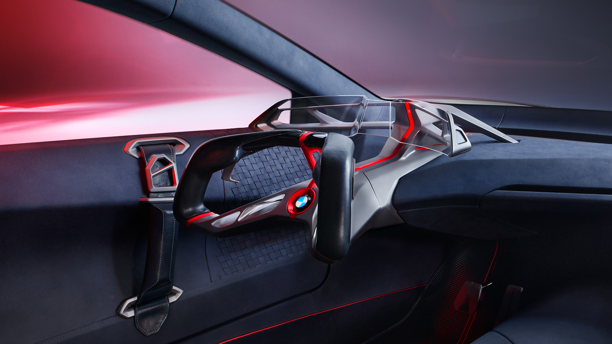 BMW Vision M NEXT, innvendig design BMW Vision M NEXT, innvendig design, cockpit med ratt, Boost Pod, Curved Glass Display, Full AR Head-Up Display