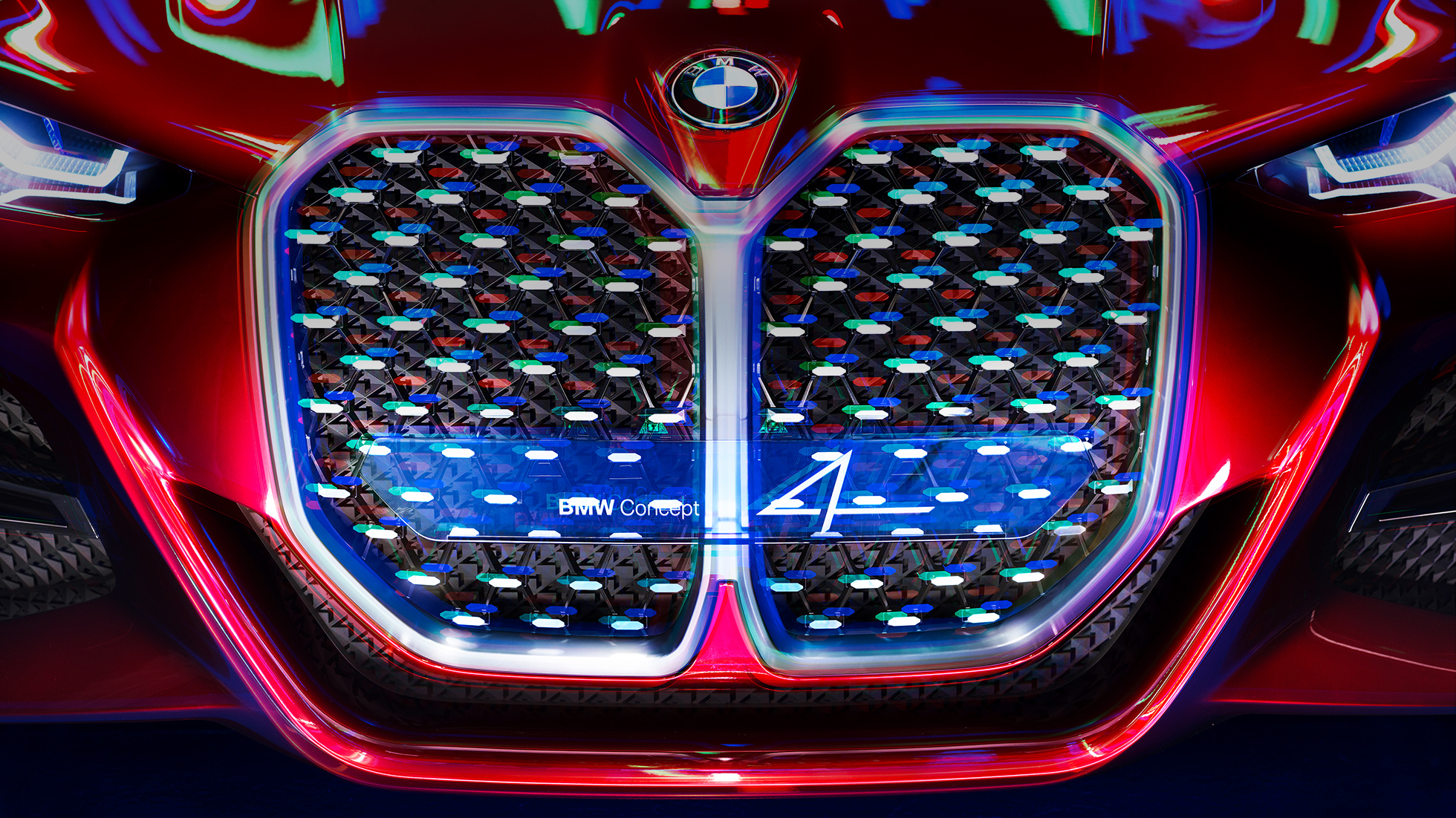 Vertikal BMW-grill BMW Concept 4 Vertikal BMW grill med elementer av speilende krystallglass BMW Concept 4 Forbidden rød eksteriør-design