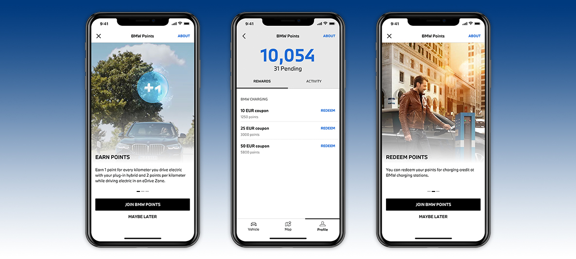 Kjør My BMW App elektronisk og samle BMW-poeng Skjerm på smarttelefon Kjør My BMW App elektronisk og samle BMW-poeng Skjerm på smarttelefon